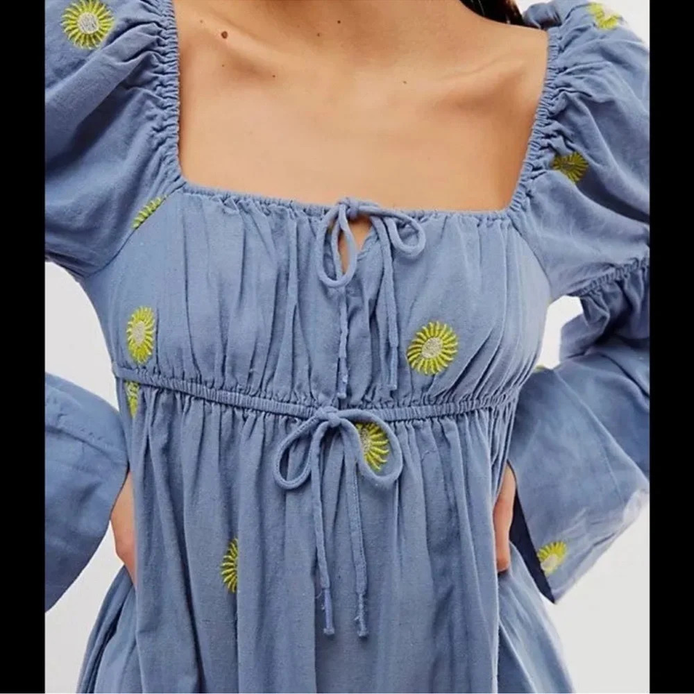Free People Emory Embroidered MIDI Dress in Blue Combo - Picture 2 of 14